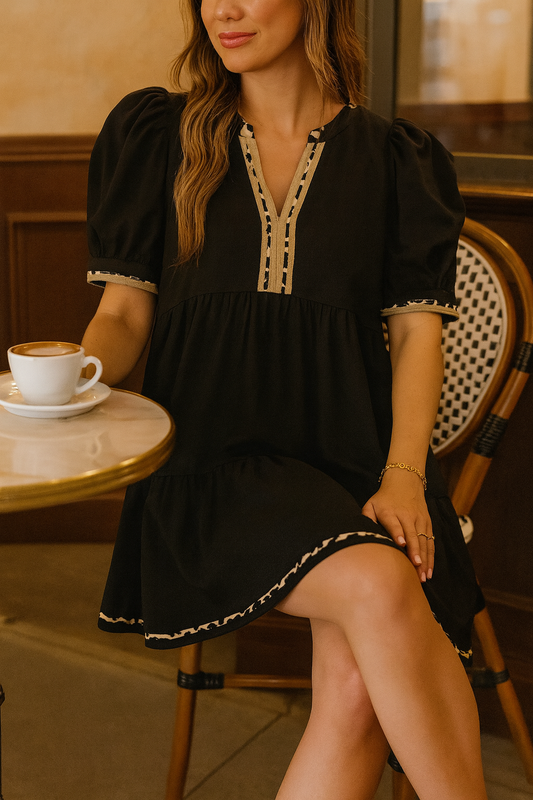 The Marvella Contrast-Trim Puff-Sleeve Dress