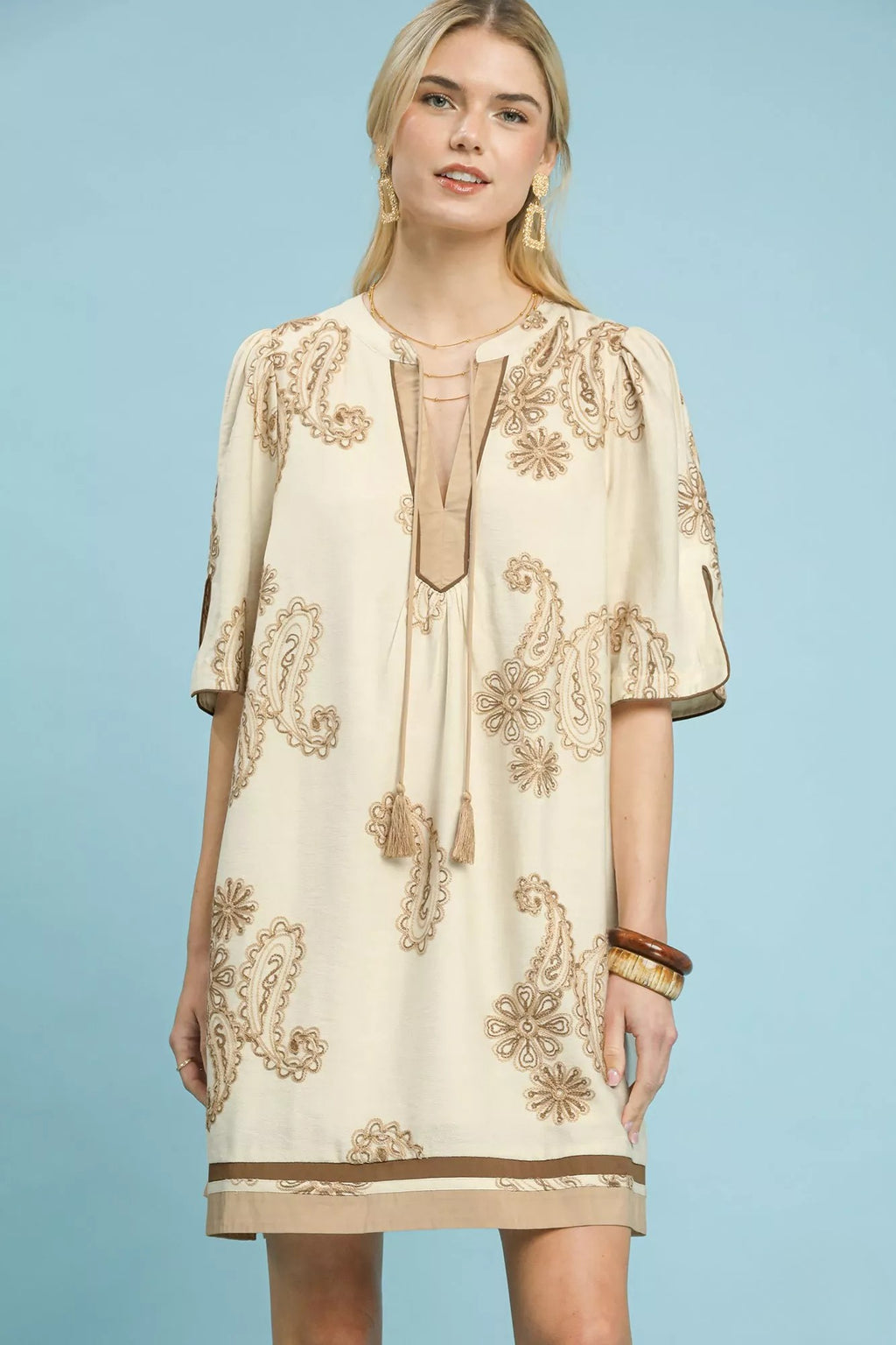Embroidered Tassel Shift Dress