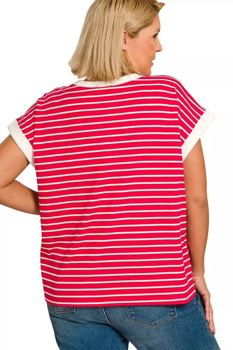 Contrast Trim Striped Cap Sleeve Tee