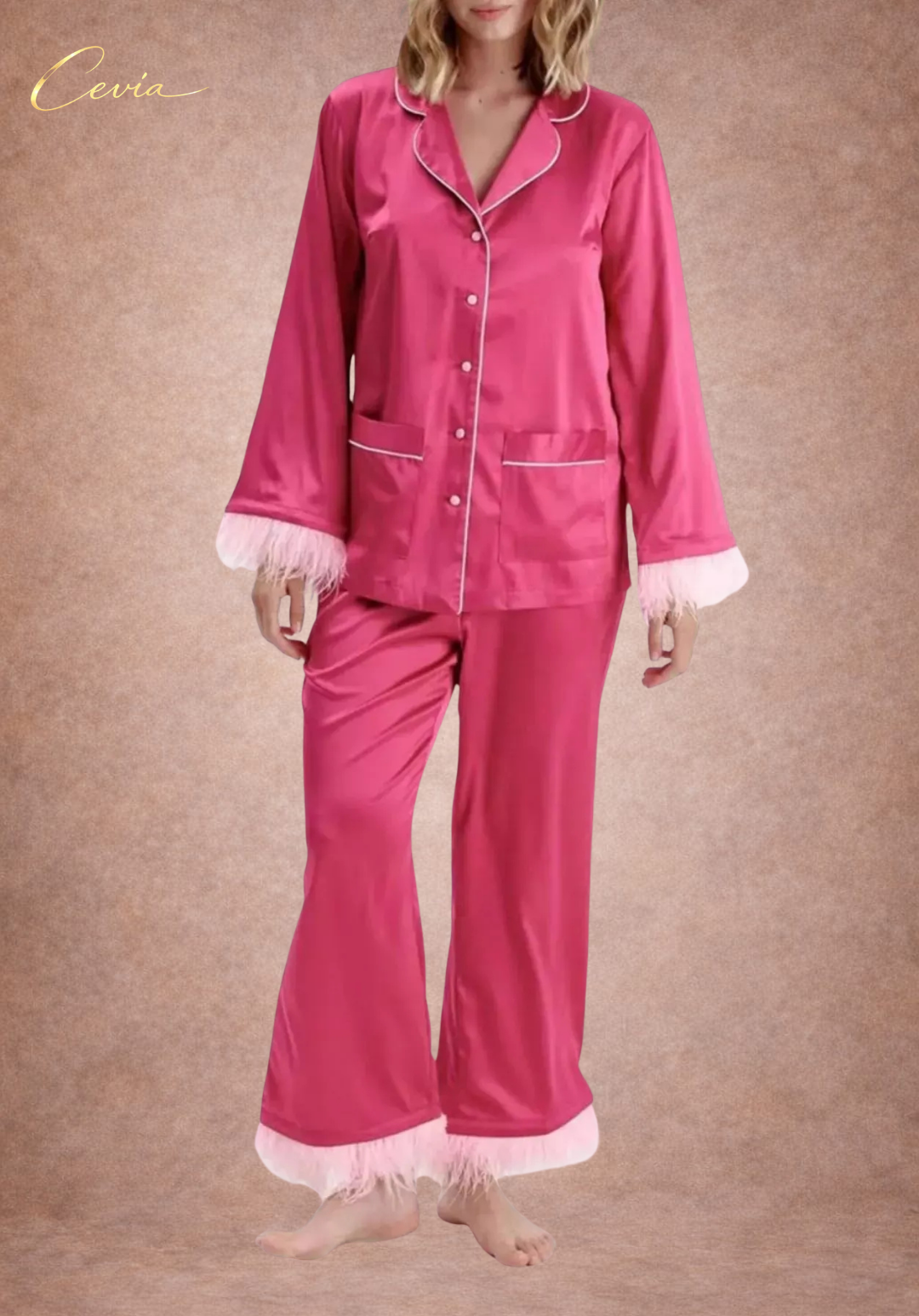 The Veloursé Plum Feather-Trim Satin Pajama Set