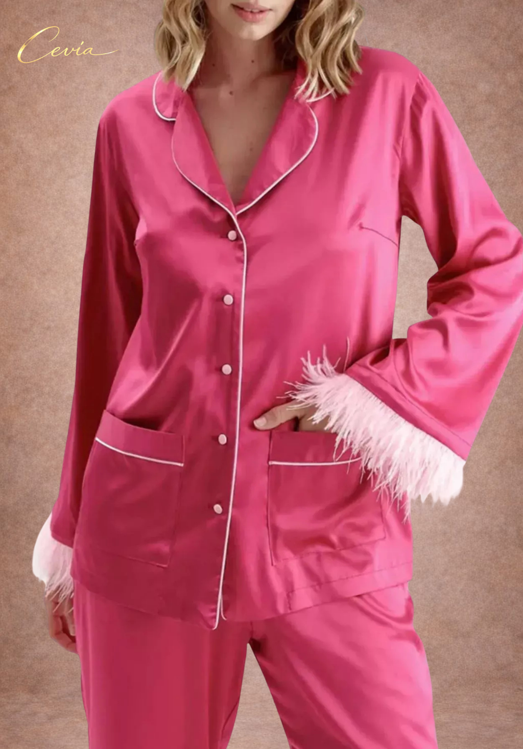 The Veloursé Plum Feather-Trim Satin Pajama Set
