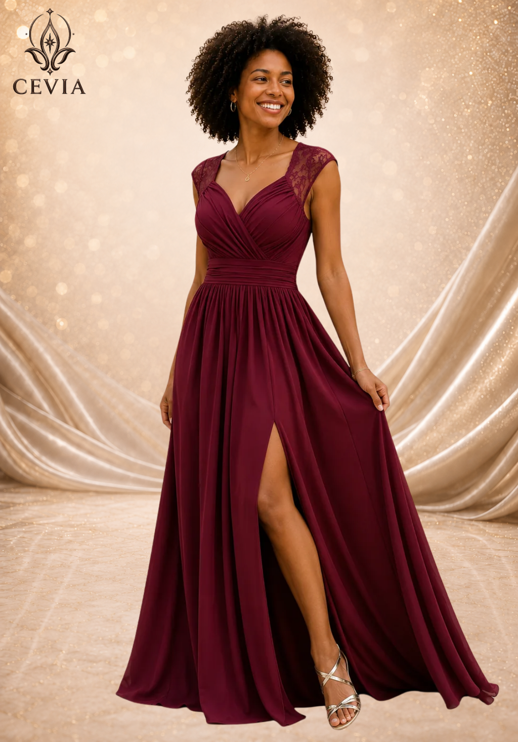 The Lace-Shoulder Ruched Split Maxi Dress