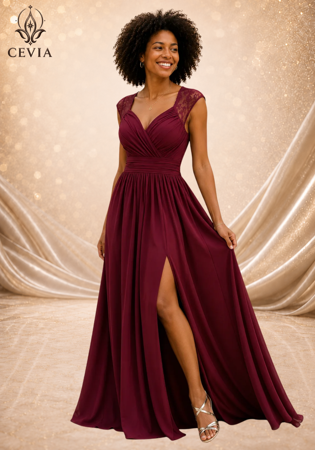 The Lace-Shoulder Ruched Split Maxi Dress