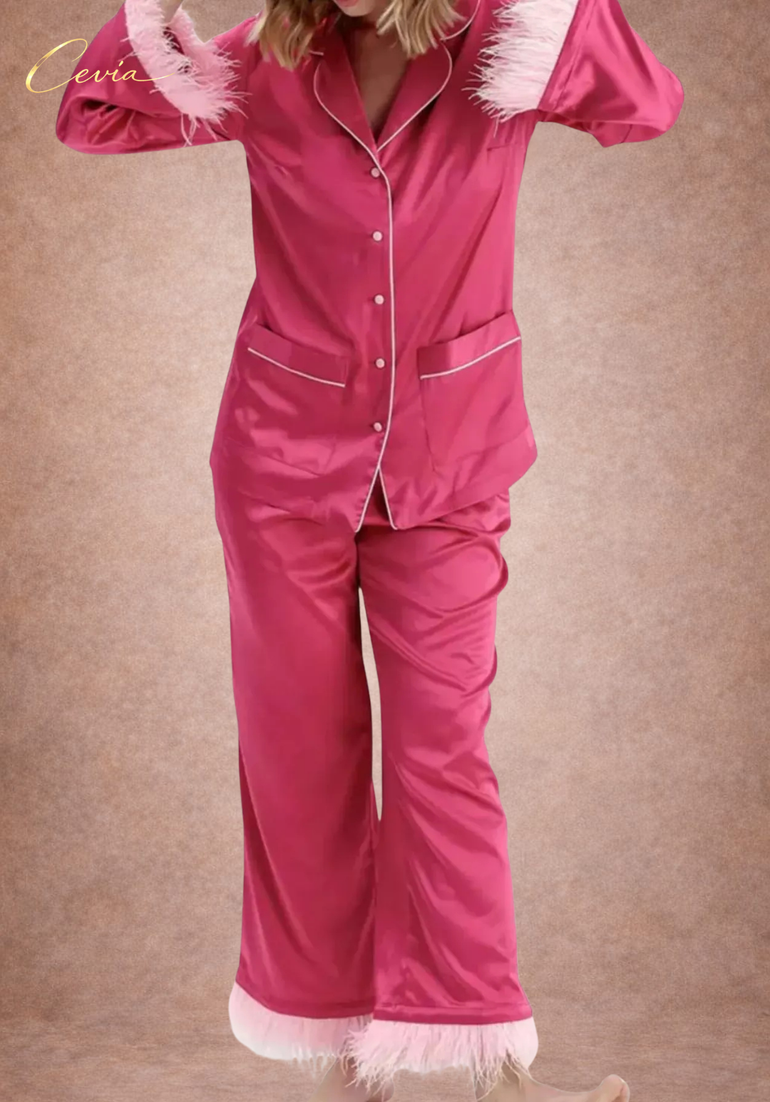 The Veloursé Plum Feather-Trim Satin Pajama Set