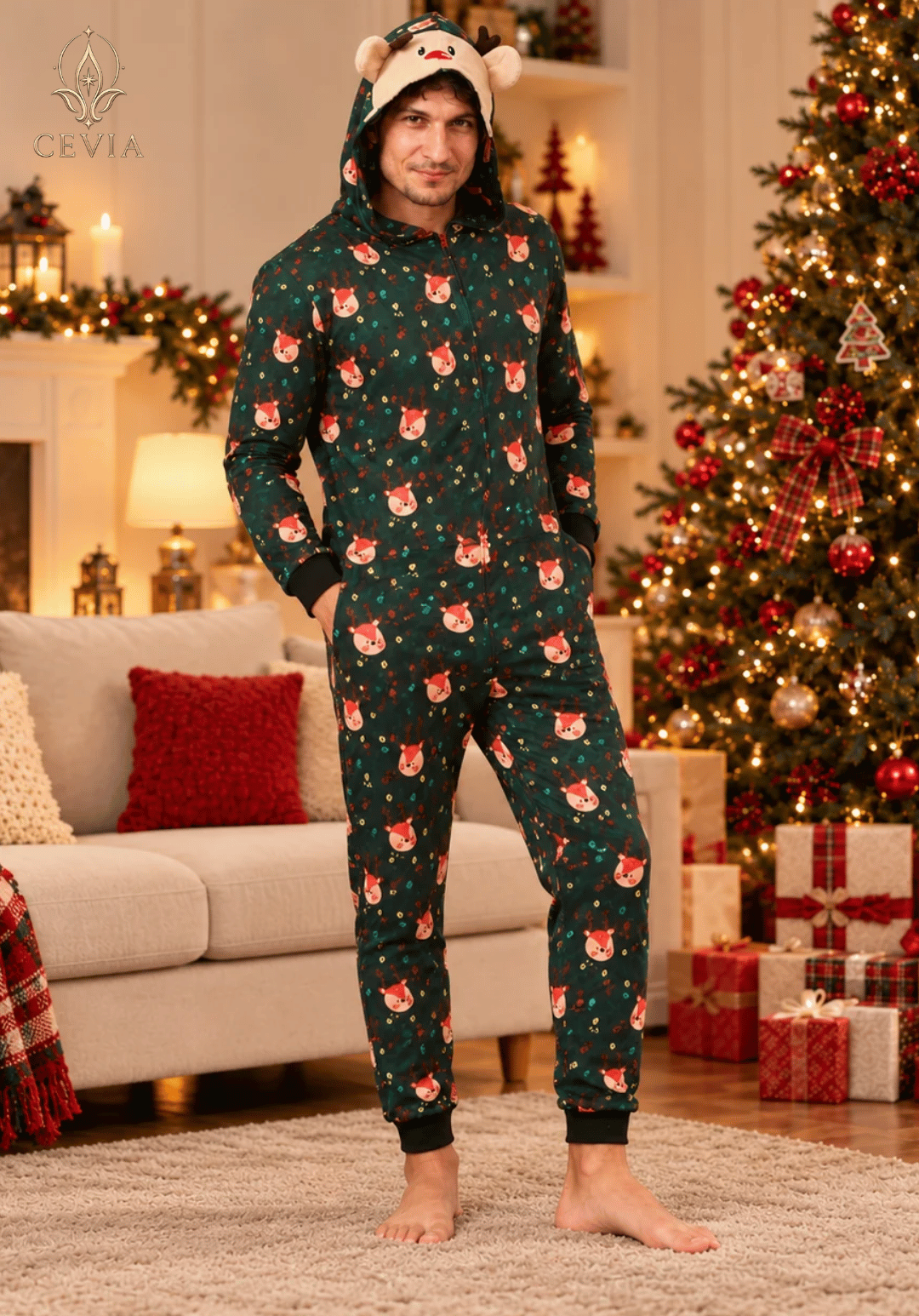 Conjuntos de Pijama Navideño Familiar a Juego con Capucha — Snowy Reindeer Magic