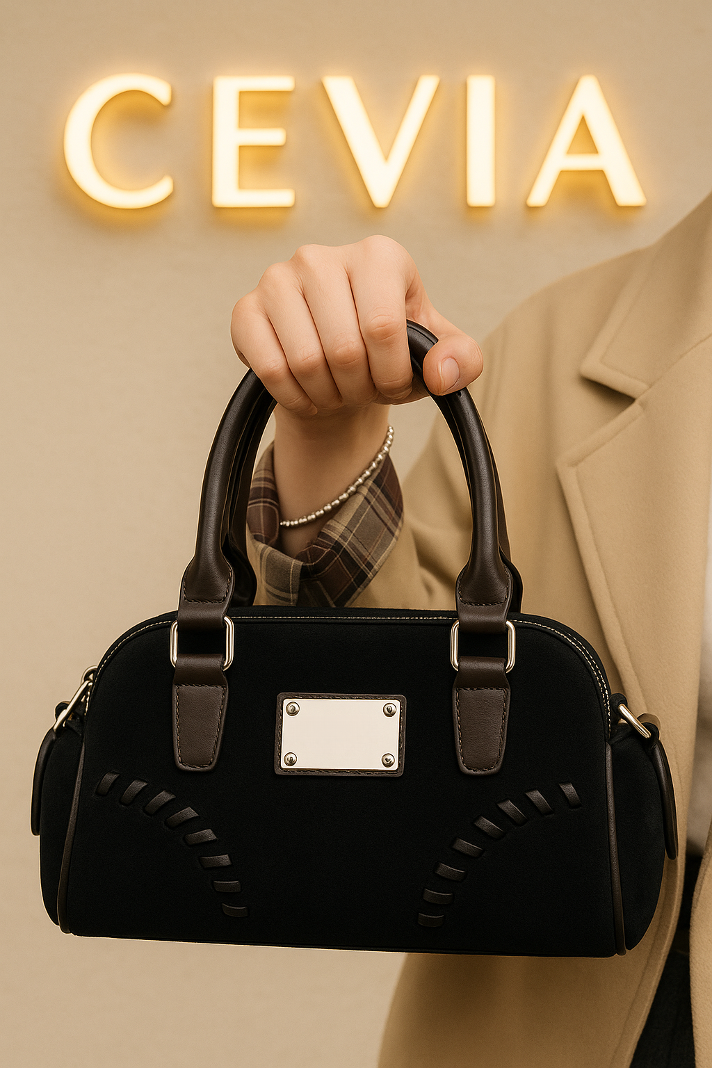 The Marcellé Noir-Suede Barrel Handbag