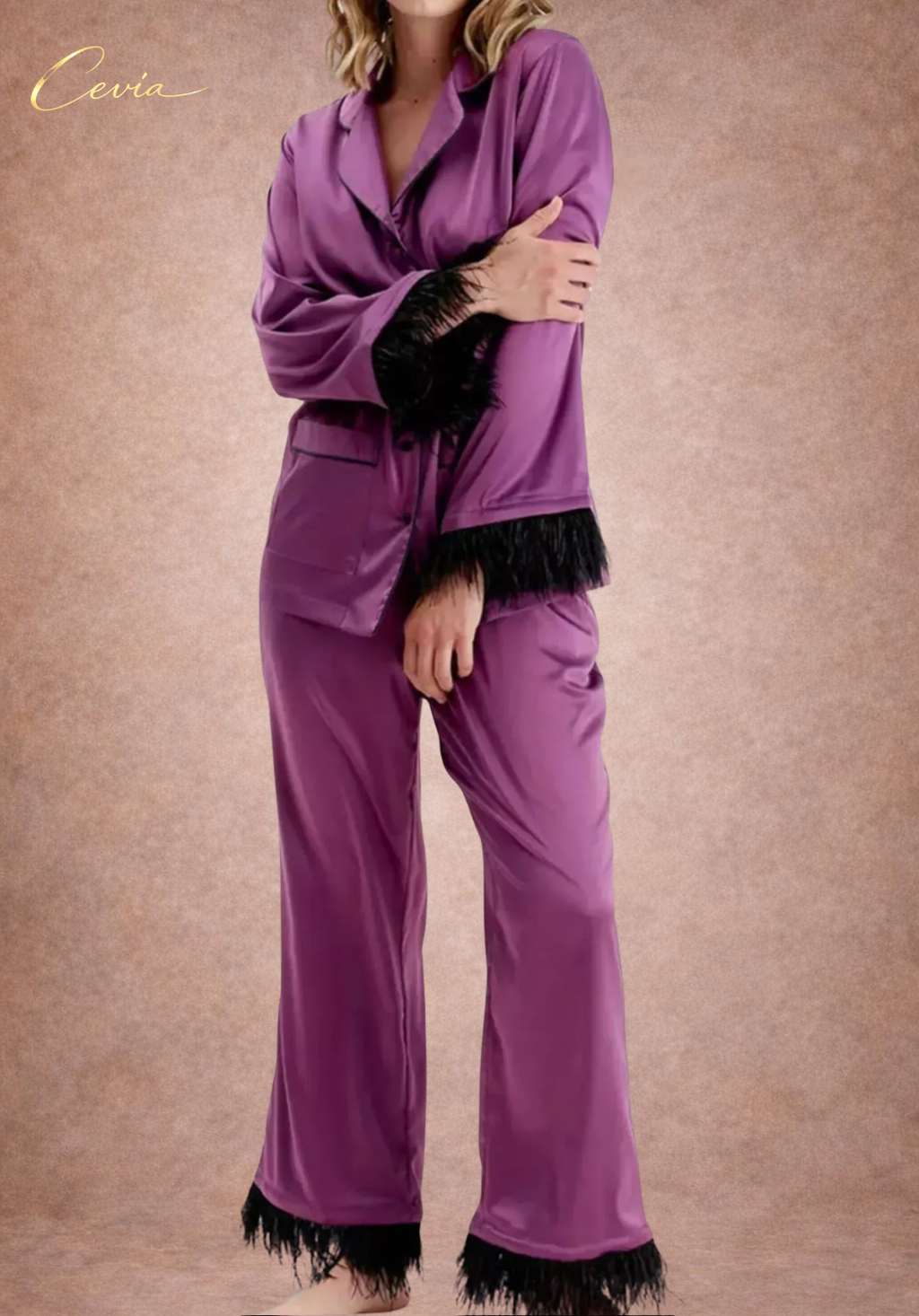 The Veloursé Plum Feather-Trim Satin Pajama Set