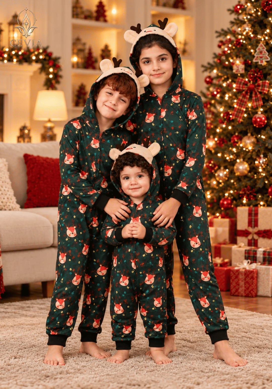 Conjuntos de Pijama Navideño Familiar a Juego con Capucha — Snowy Reindeer Magic