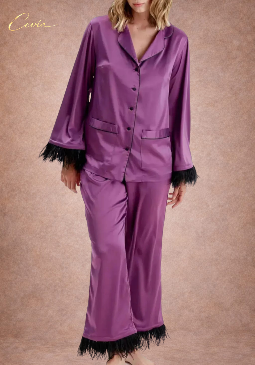 The Veloursé Plum Feather-Trim Satin Pajama Set