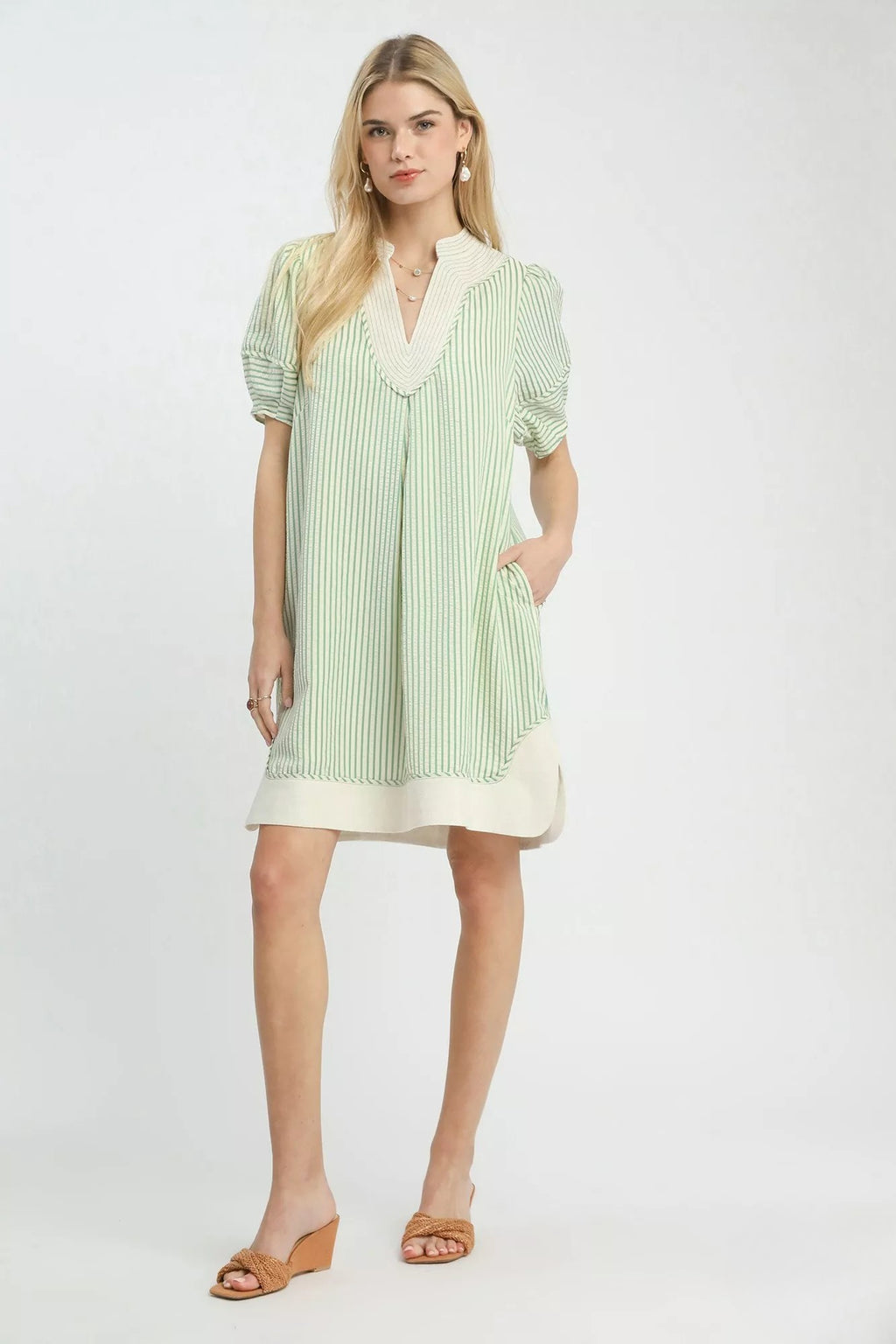 Pinstripe Notched Shift Dress