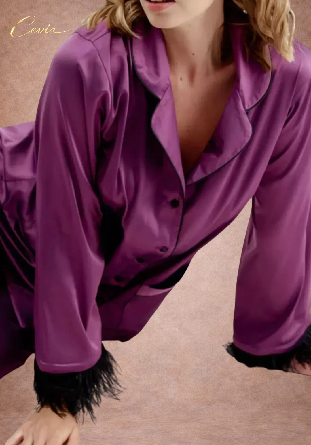 The Veloursé Plum Feather-Trim Satin Pajama Set