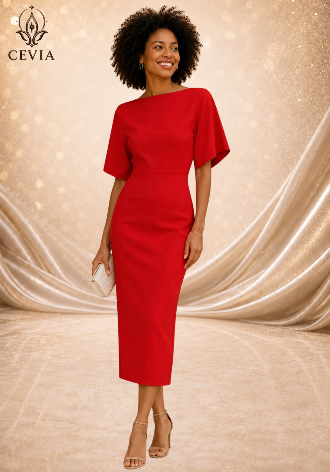 The Boat-Neck Cape-Sleeve Midi Dress
