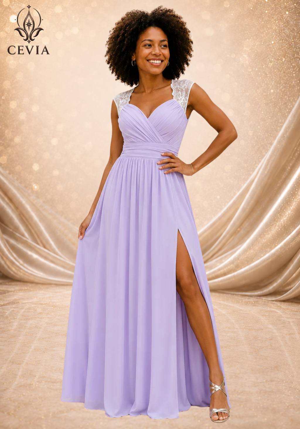 The Lace-Shoulder Ruched Split Maxi Dress