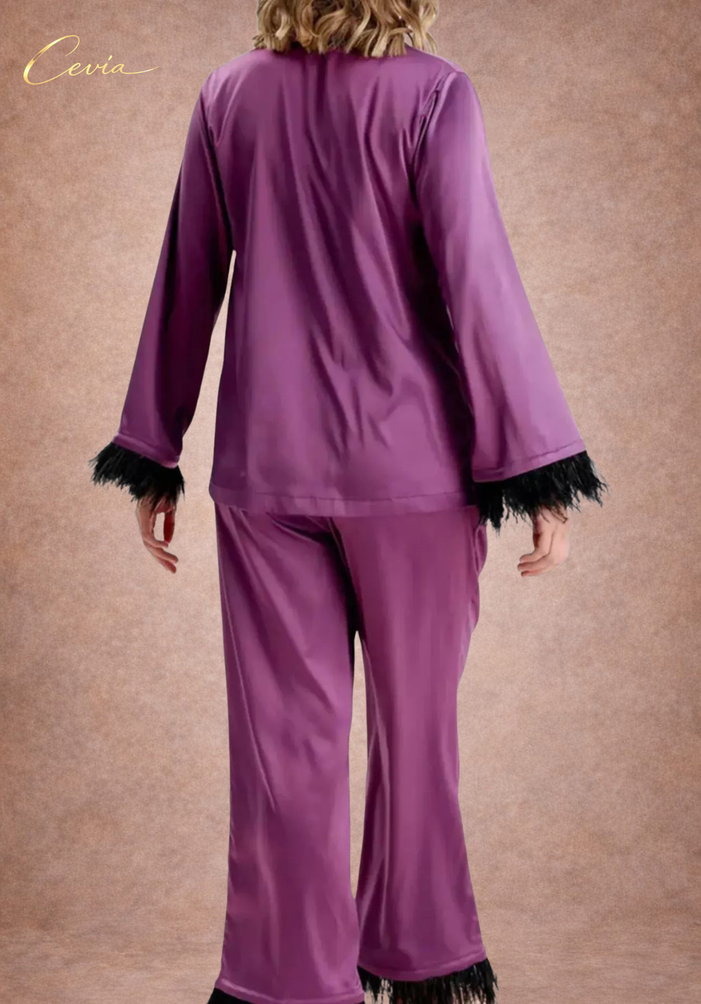 The Veloursé Plum Feather-Trim Satin Pajama Set