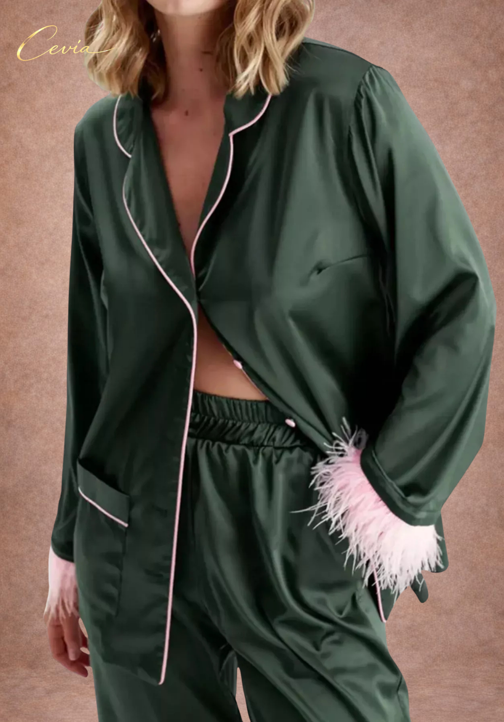 The Veloursé Plum Feather-Trim Satin Pajama Set