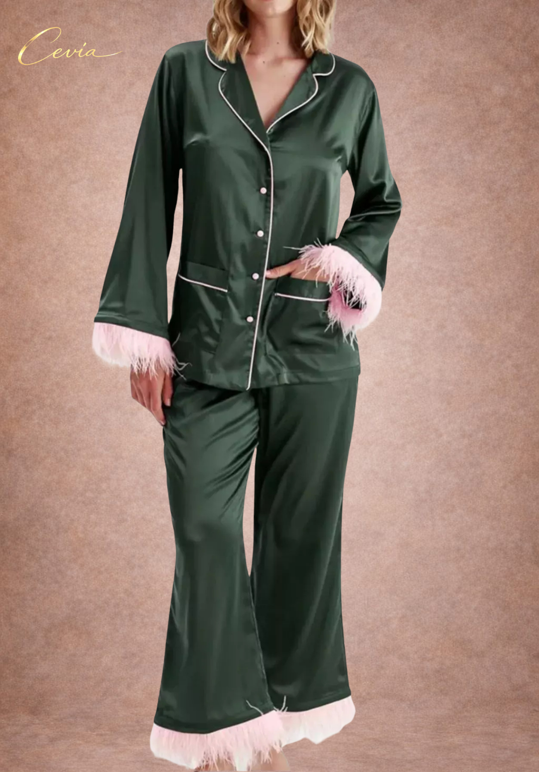The Veloursé Plum Feather-Trim Satin Pajama Set