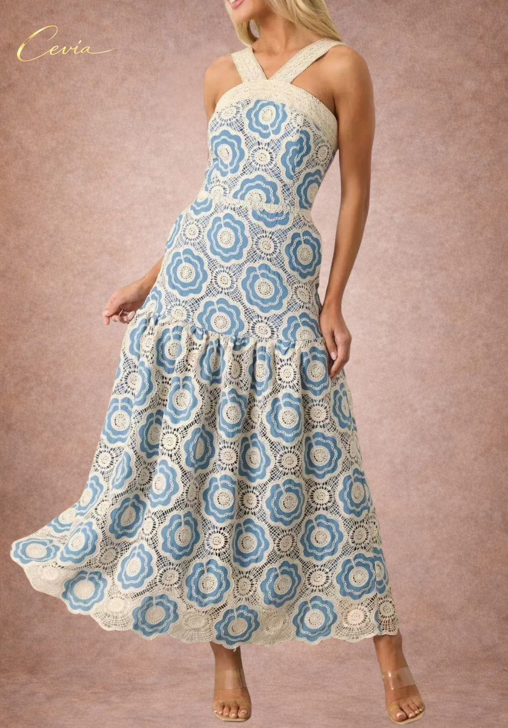 The Elowyn Lace-Bouquet Halter Maxi Dress