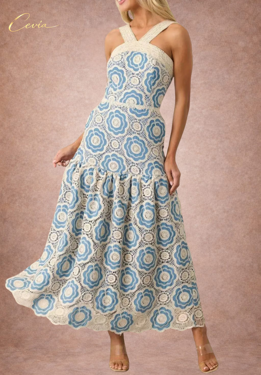 The Elowyn Lace-Bouquet Halter Maxi Dress