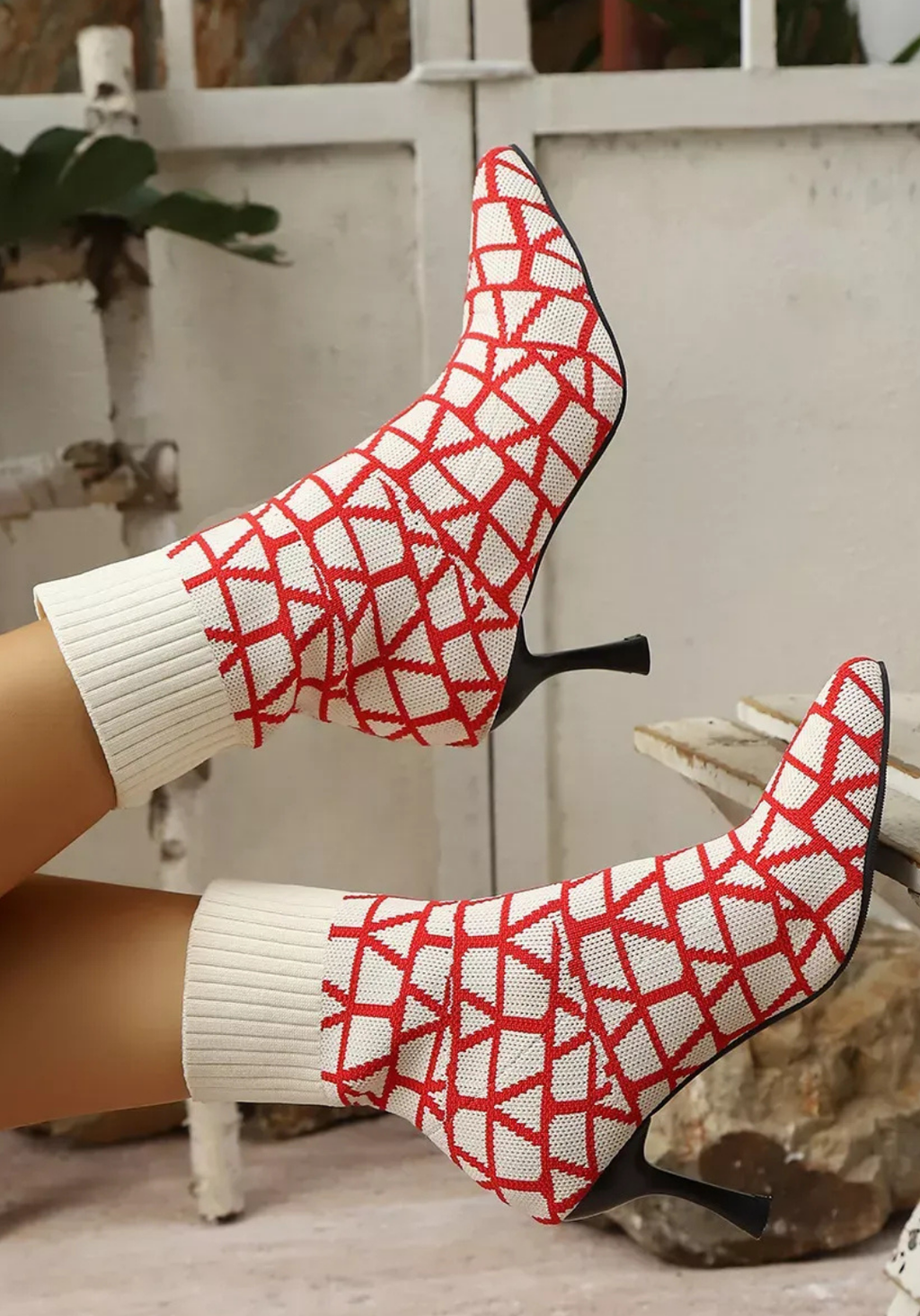 The Elviera Geo-Knit Stiletto Ankle Boots