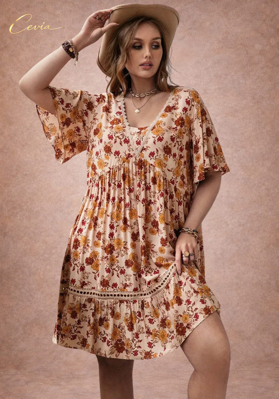 Floral Lace-Trim Tiered Dress