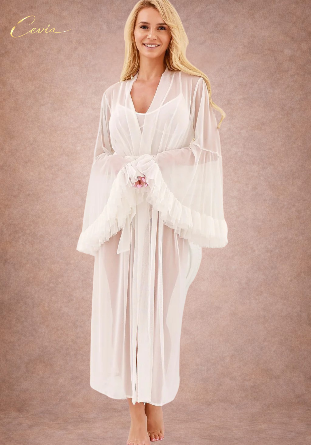 Skylar Ivory Mist Tulle Chemise Robe (Ruffle Sleeves + Tie Belt)