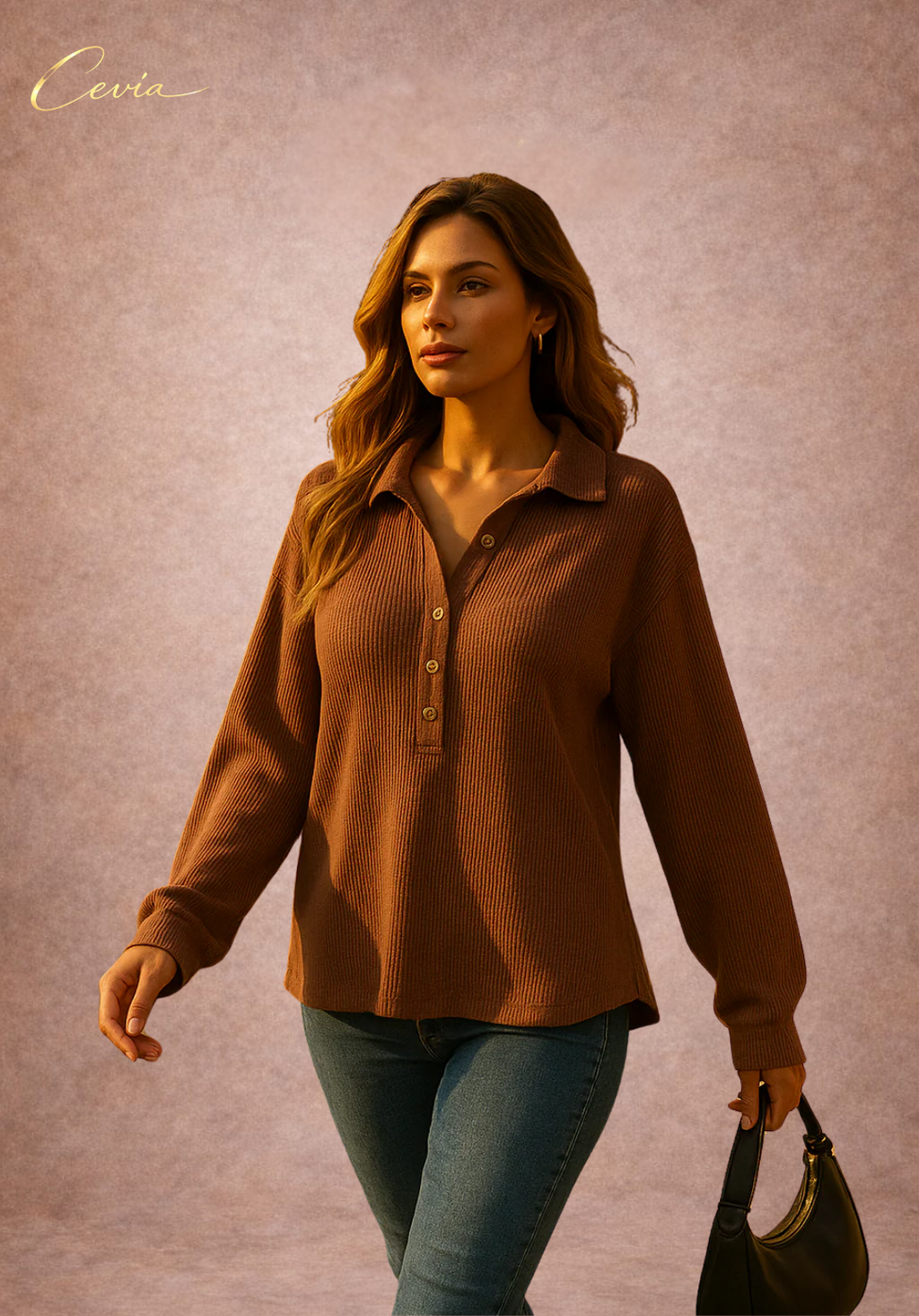 The Marvella Ribbed Button-Collar Top