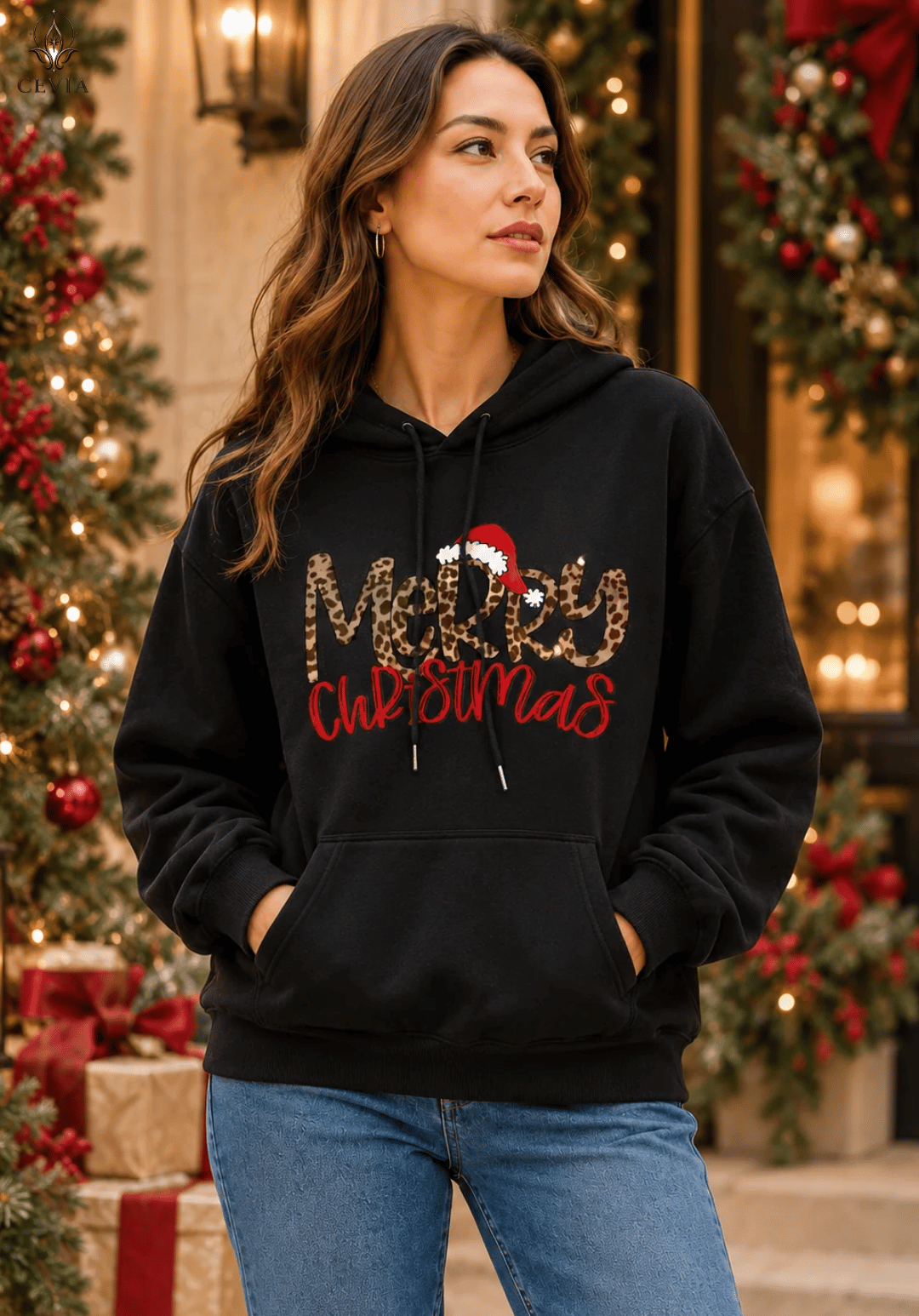 Sudadera con capucha navideña de estampado leopardo