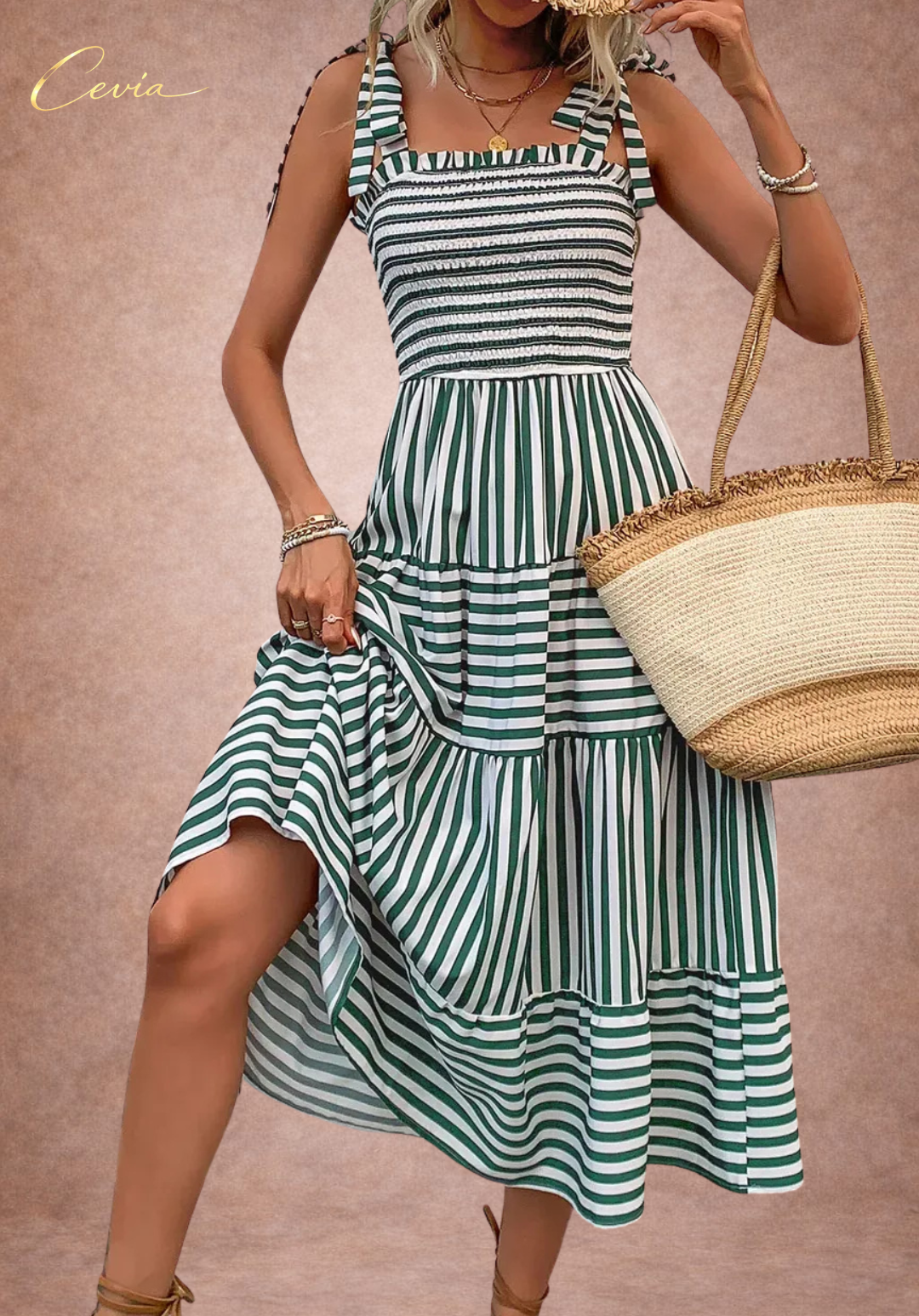 Smocked Tie Strap Tiered Midi Dress