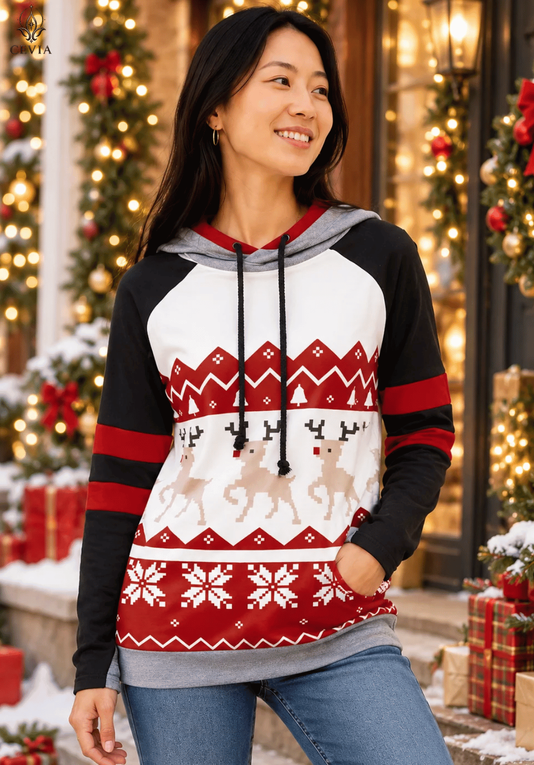 Sudadera con capucha navideña de renos y motivos Fair Isle