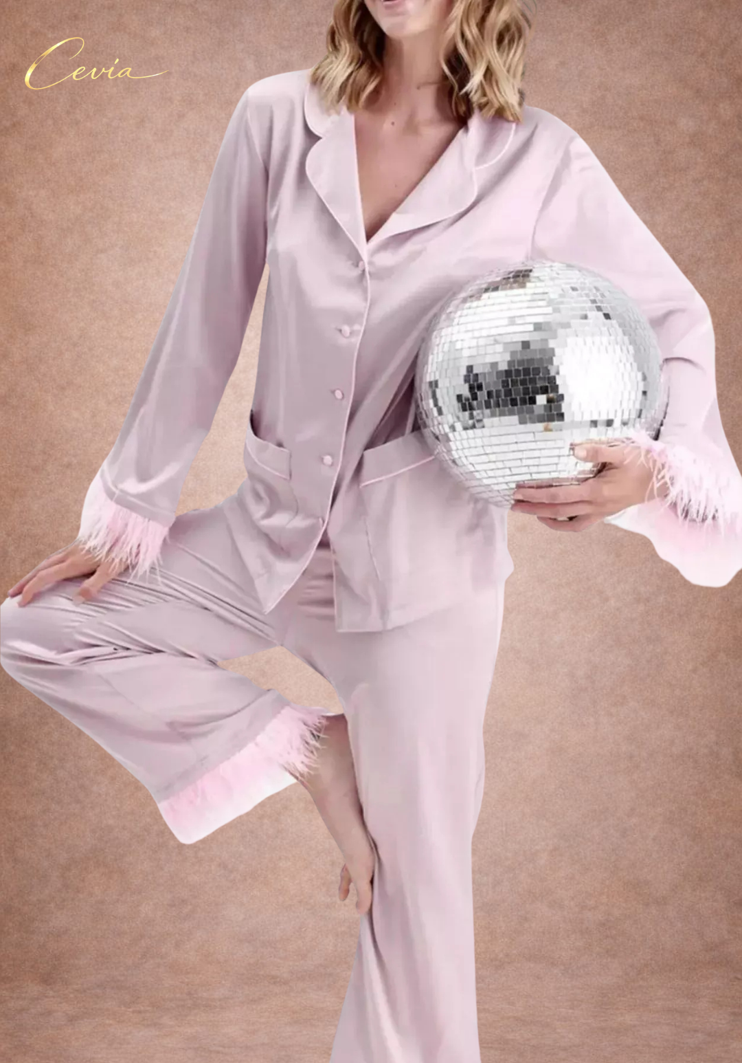 The Veloursé Plum Feather-Trim Satin Pajama Set
