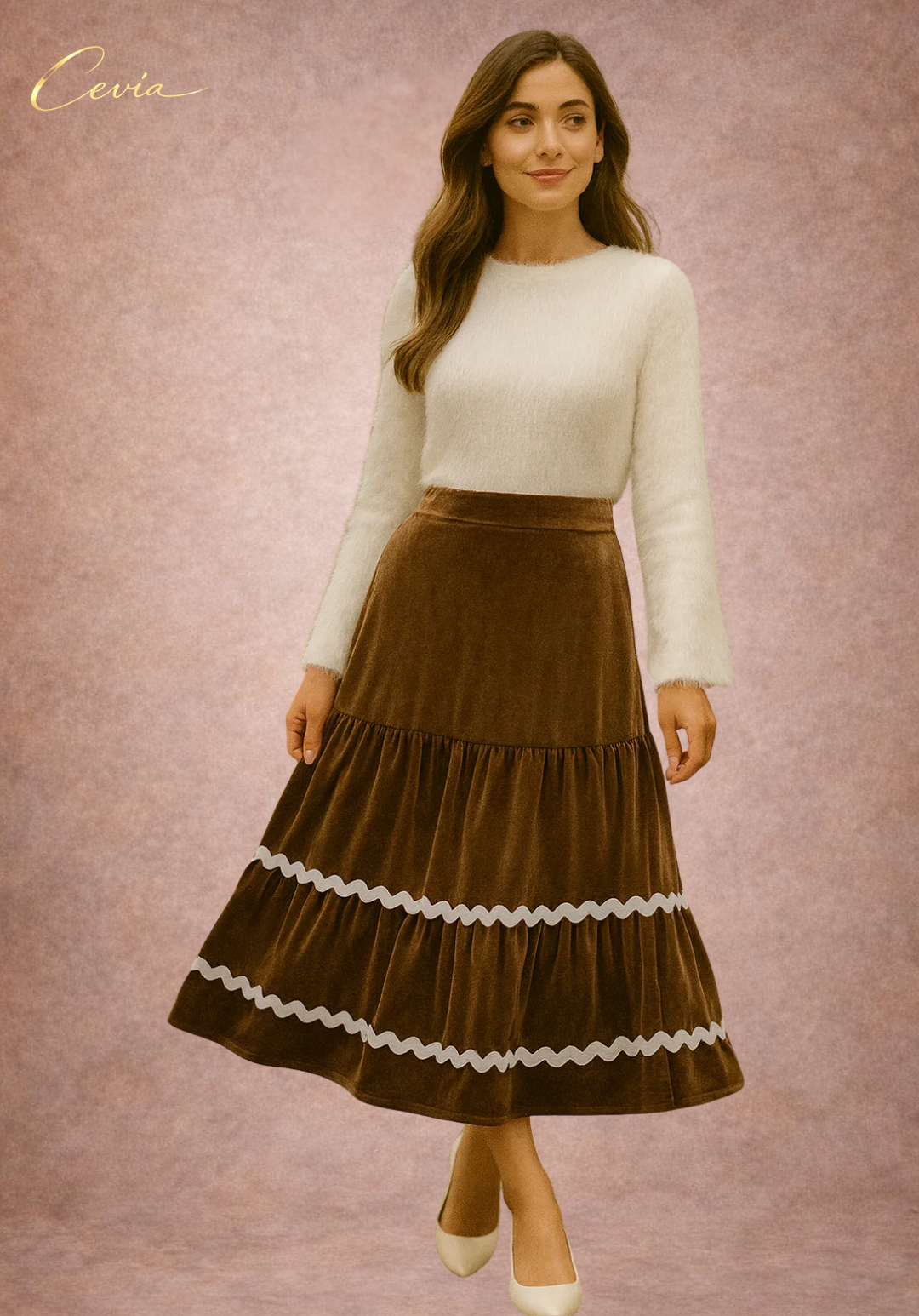 Velvet Tiered Elegance Midi Skirt