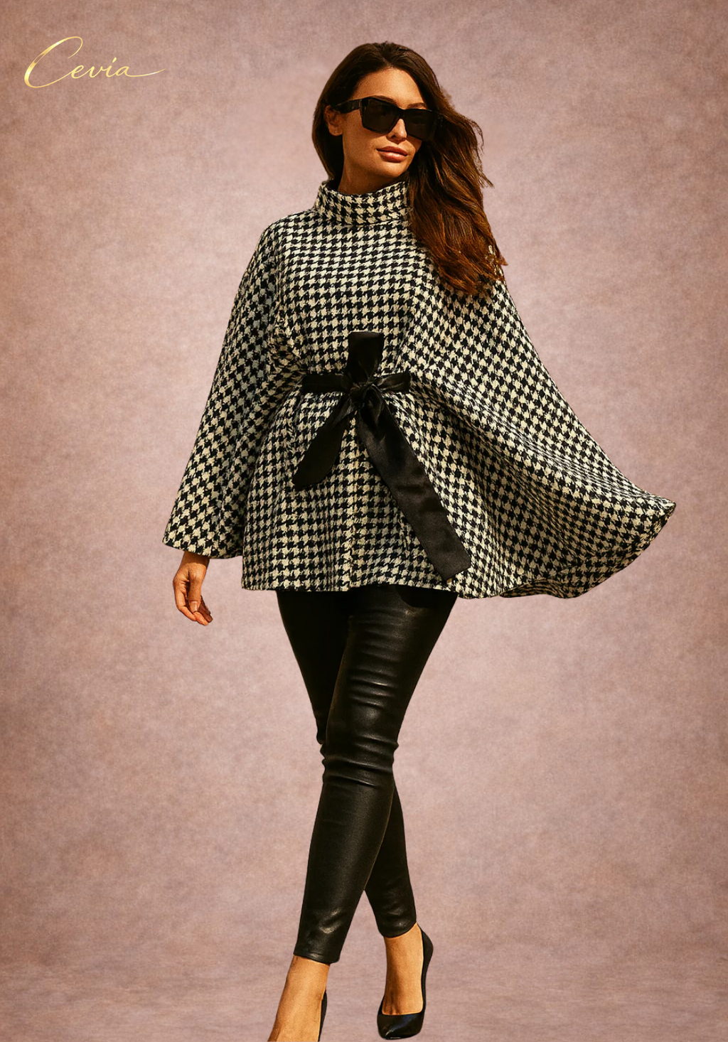 The Valoria Houndstooth Belted Cape Top