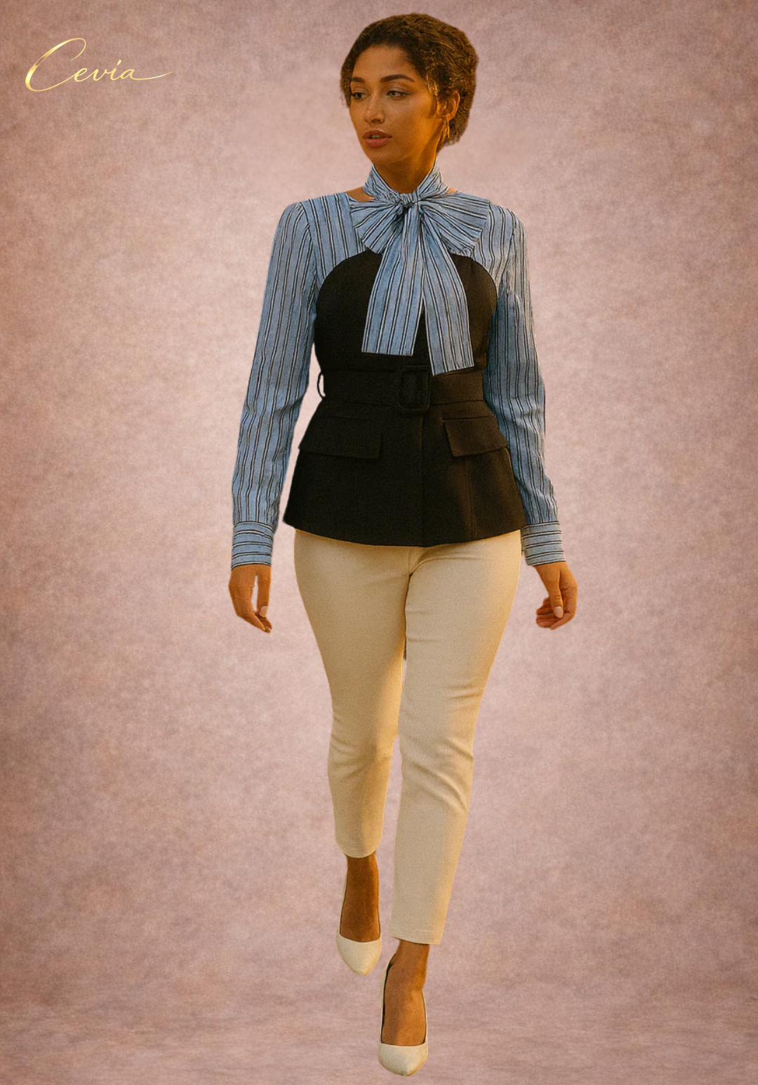 The Belmira Striped-Bodice Contrast Peplum Top