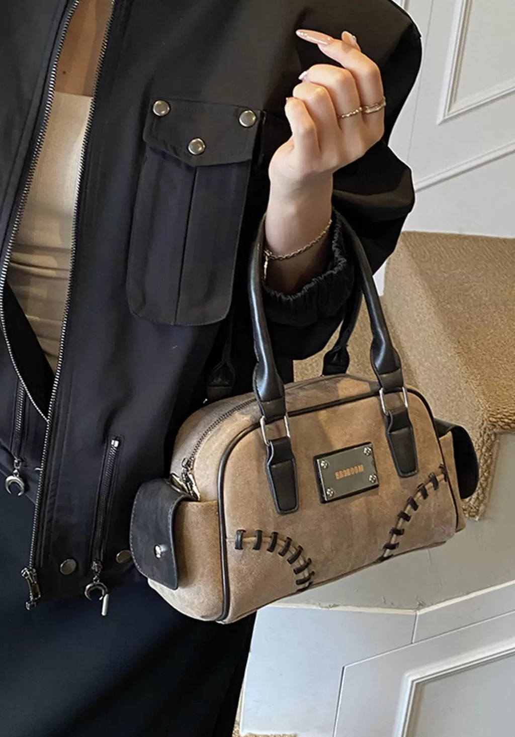 The Marcellé Noir-Suede Barrel Handbag