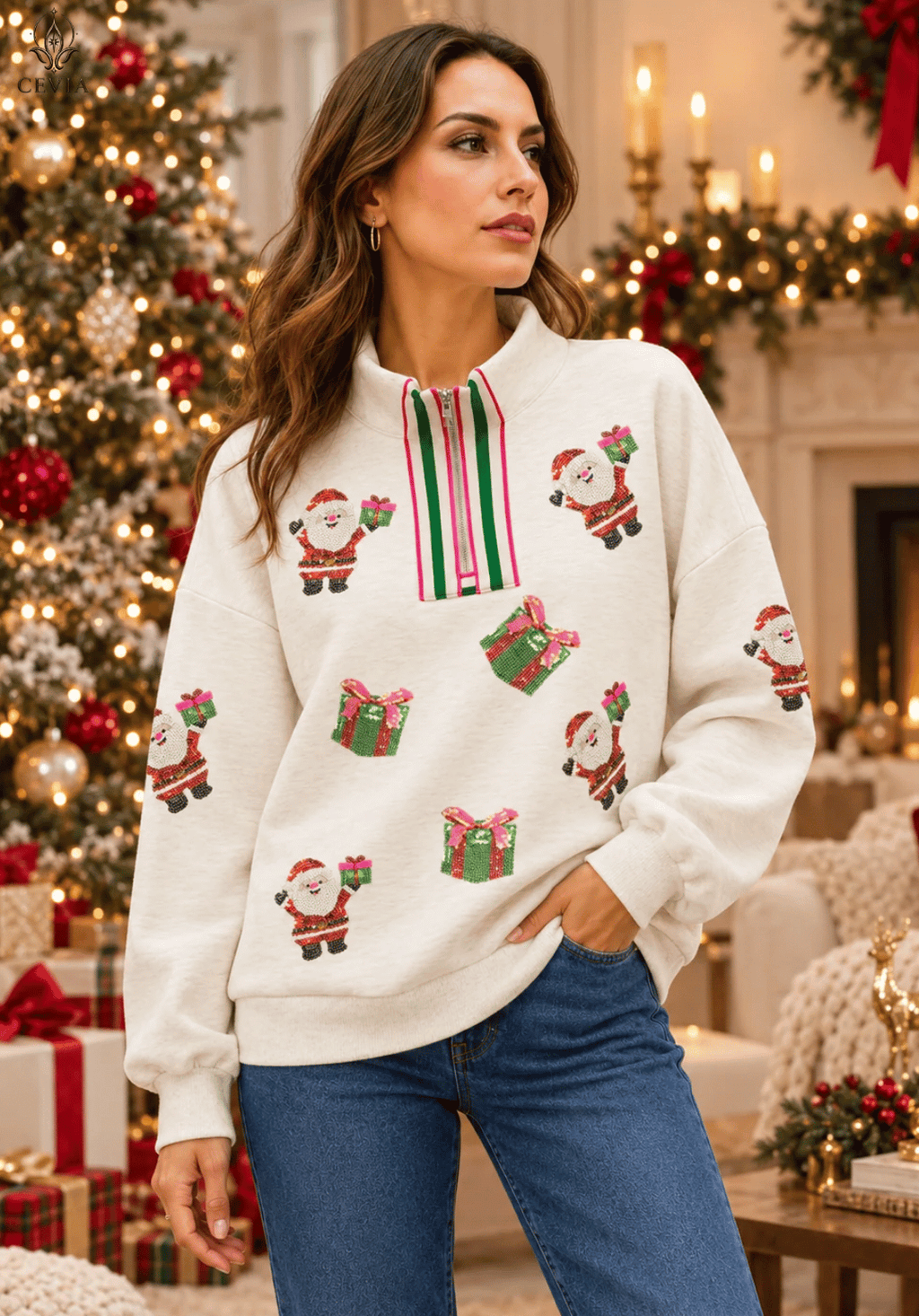 Sudadera navideña Sparkling Santa con cremallera corta