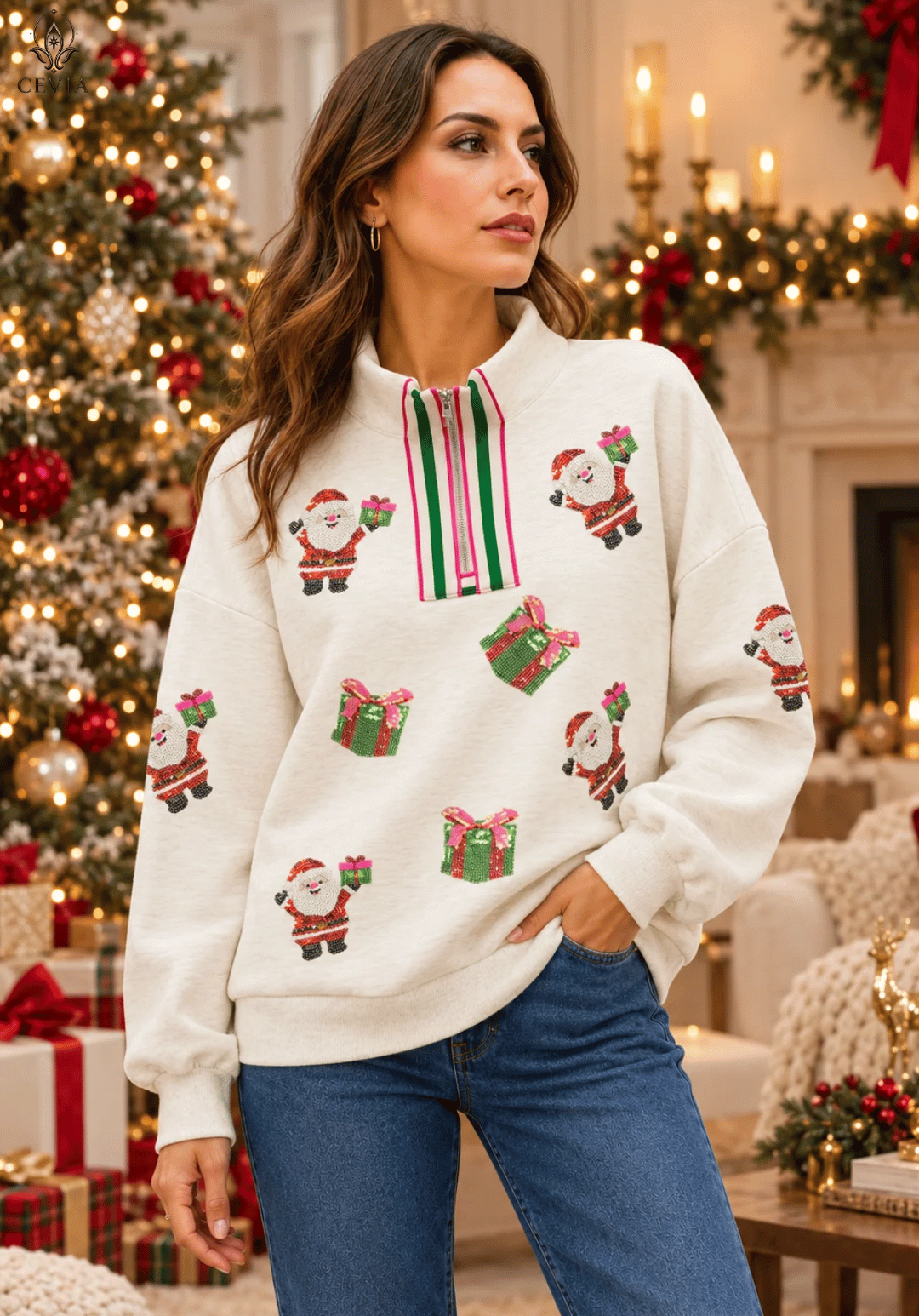 Sudadera navideña Sparkling Santa con cremallera corta