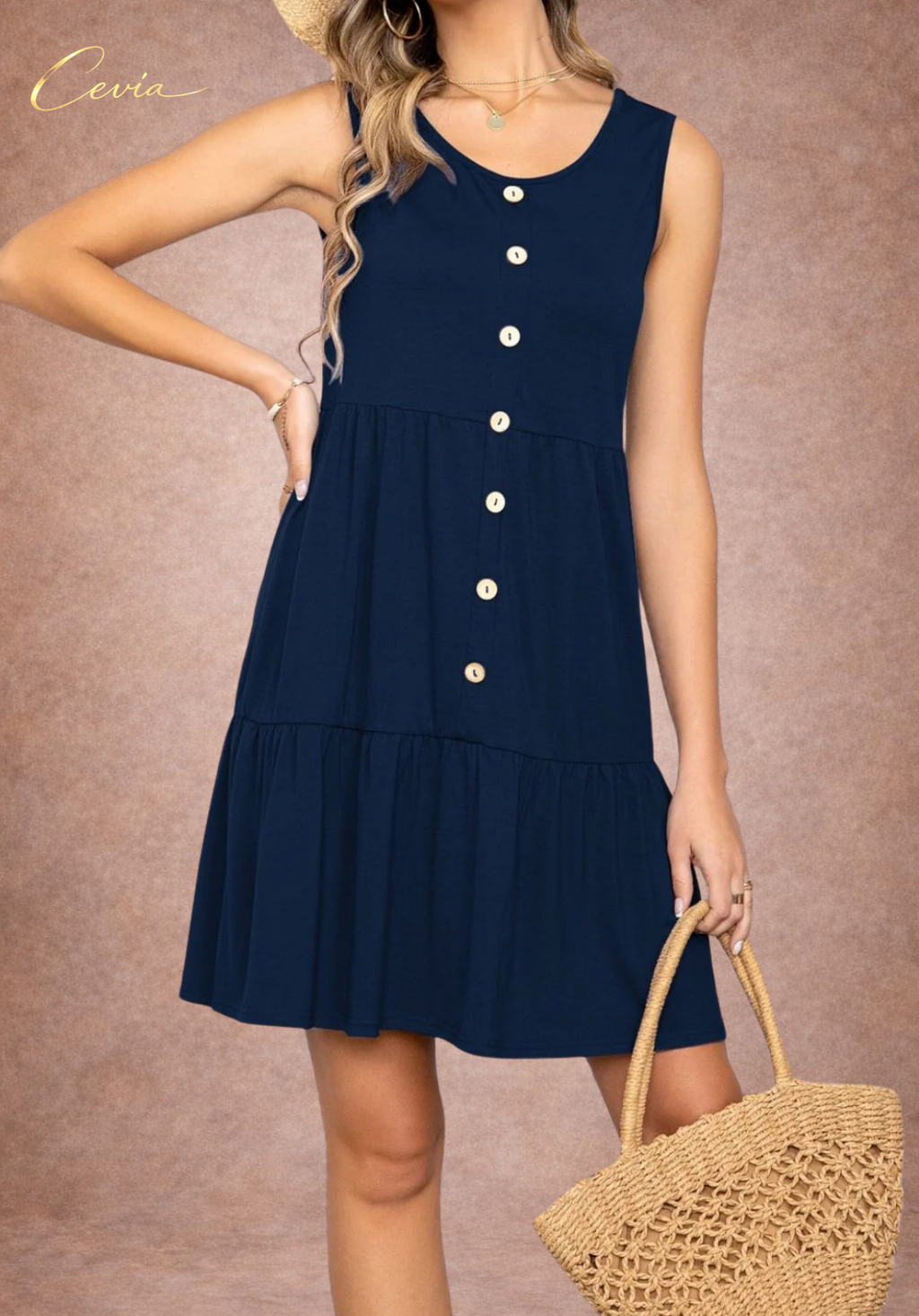 Button Front Sleeveless Tiered Dress