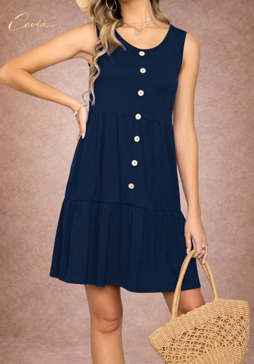 Button Front Sleeveless Tiered Dress