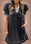 The Marvella Contrast-Trim Puff-Sleeve Dress