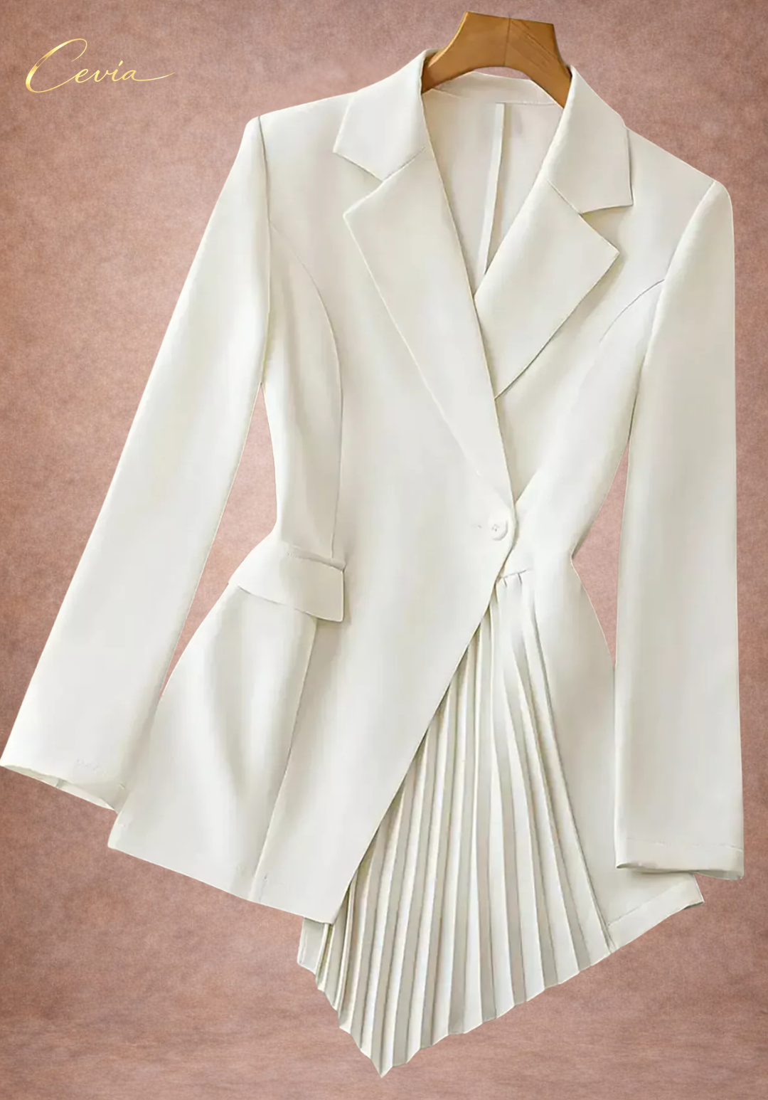 The Elanora Pleated-Asymmetry Blazer Dress — Ivory Elegance