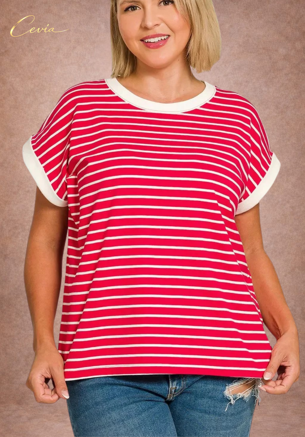 Contrast Trim Striped Cap Sleeve Tee