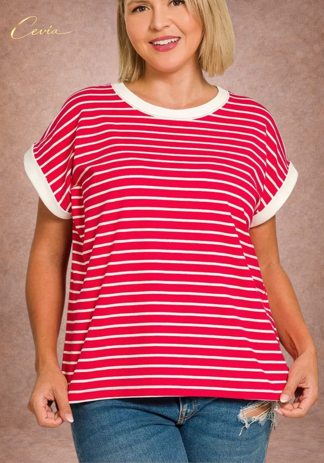 Contrast Trim Striped Cap Sleeve Tee