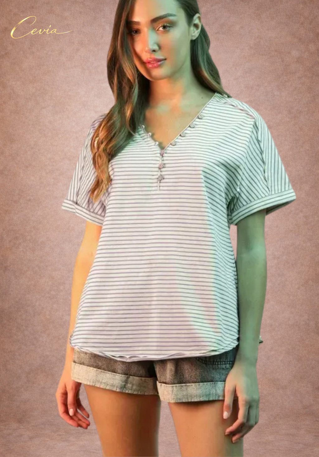 Striped Button V-Neck Tee
