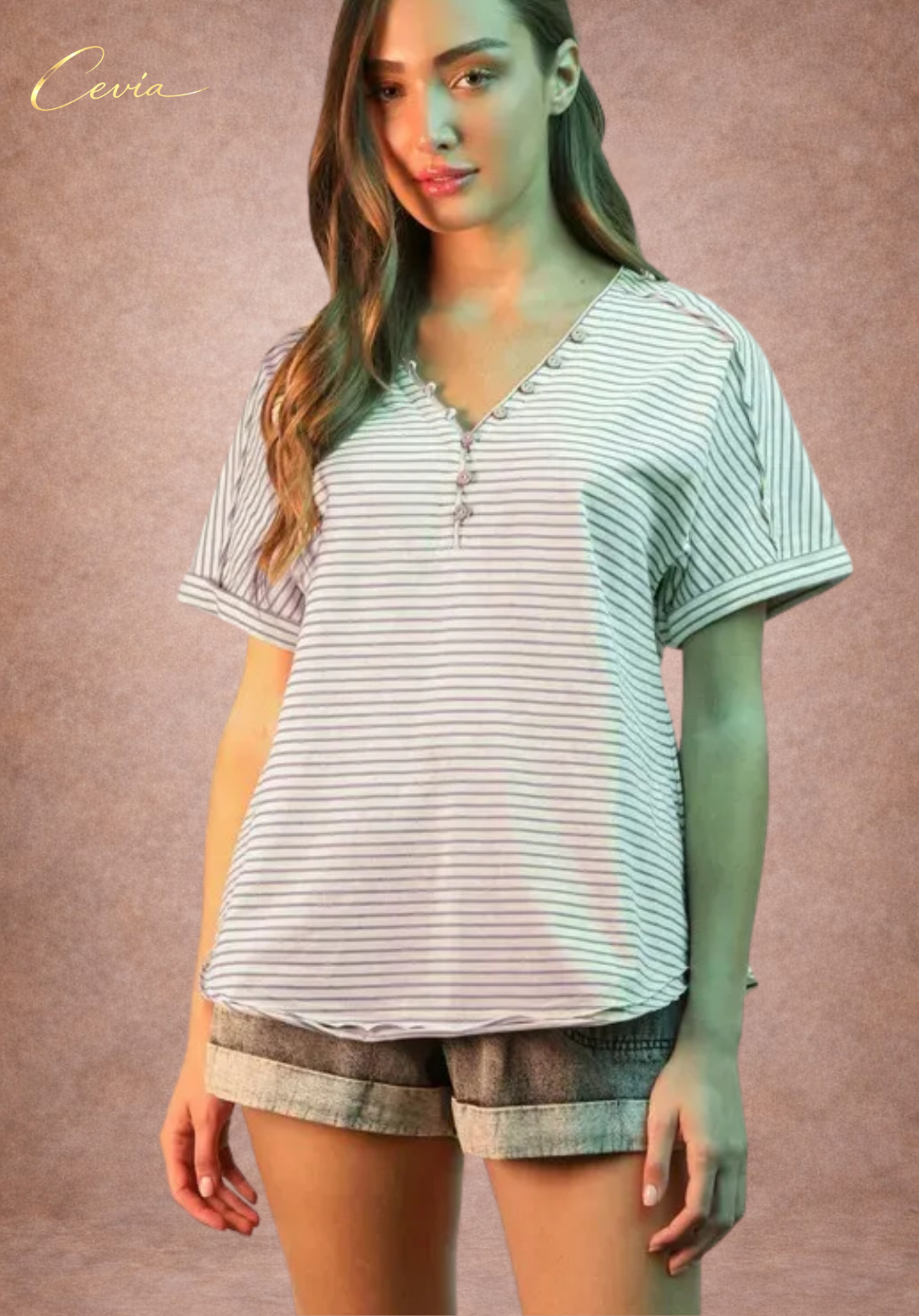 Striped Button V-Neck Tee