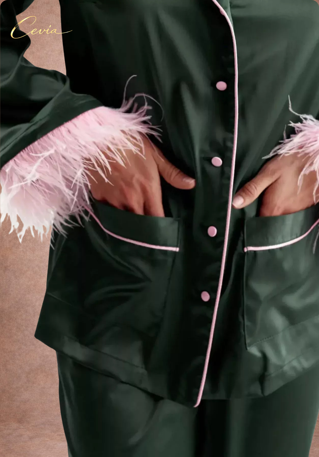 The Veloursé Plum Feather-Trim Satin Pajama Set