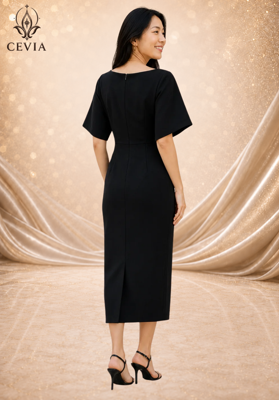 The Boat-Neck Cape-Sleeve Midi Dress