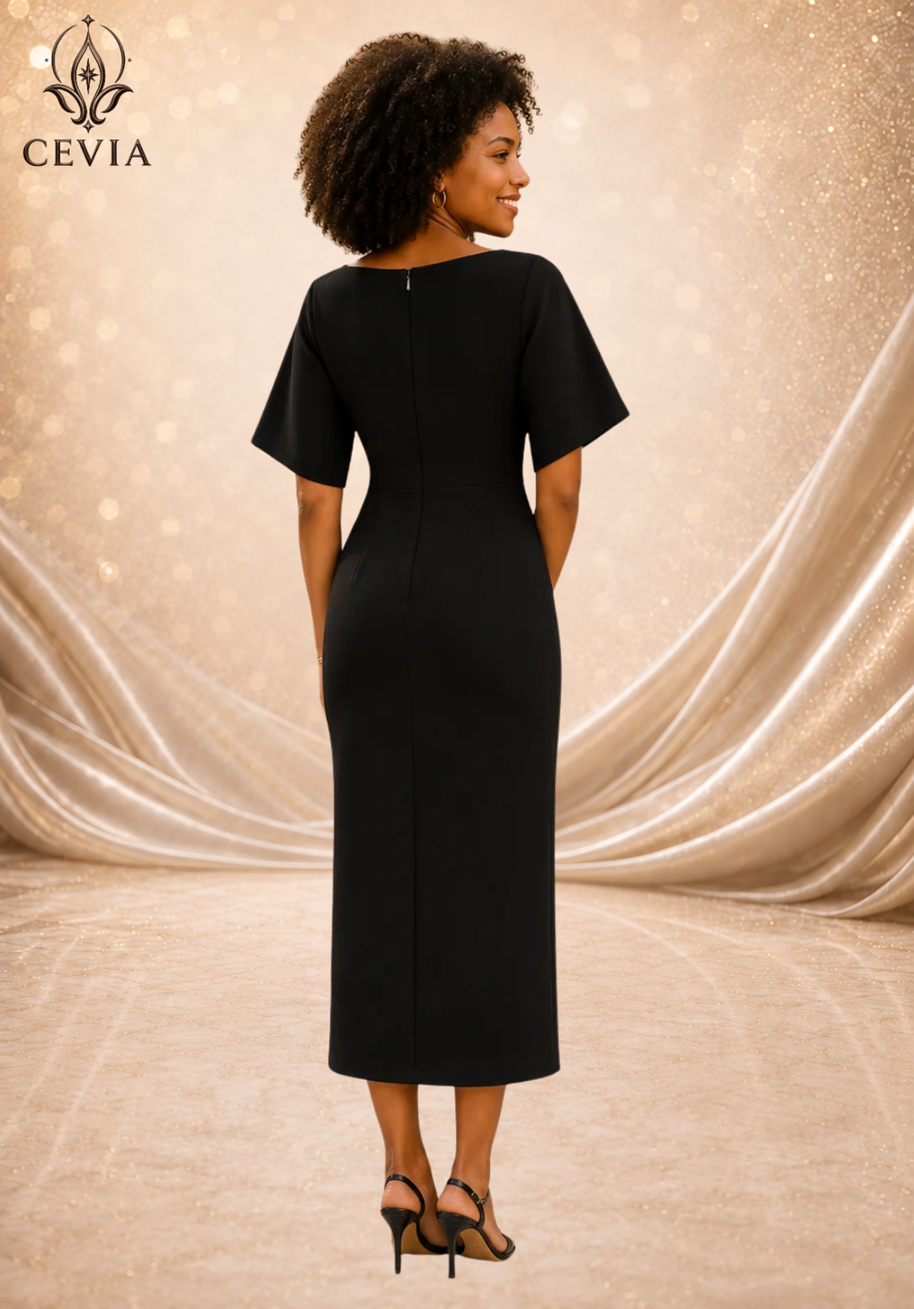 The Boat-Neck Cape-Sleeve Midi Dress