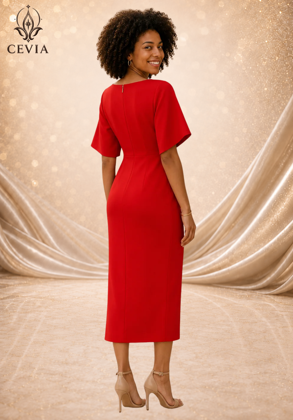 The Boat-Neck Cape-Sleeve Midi Dress