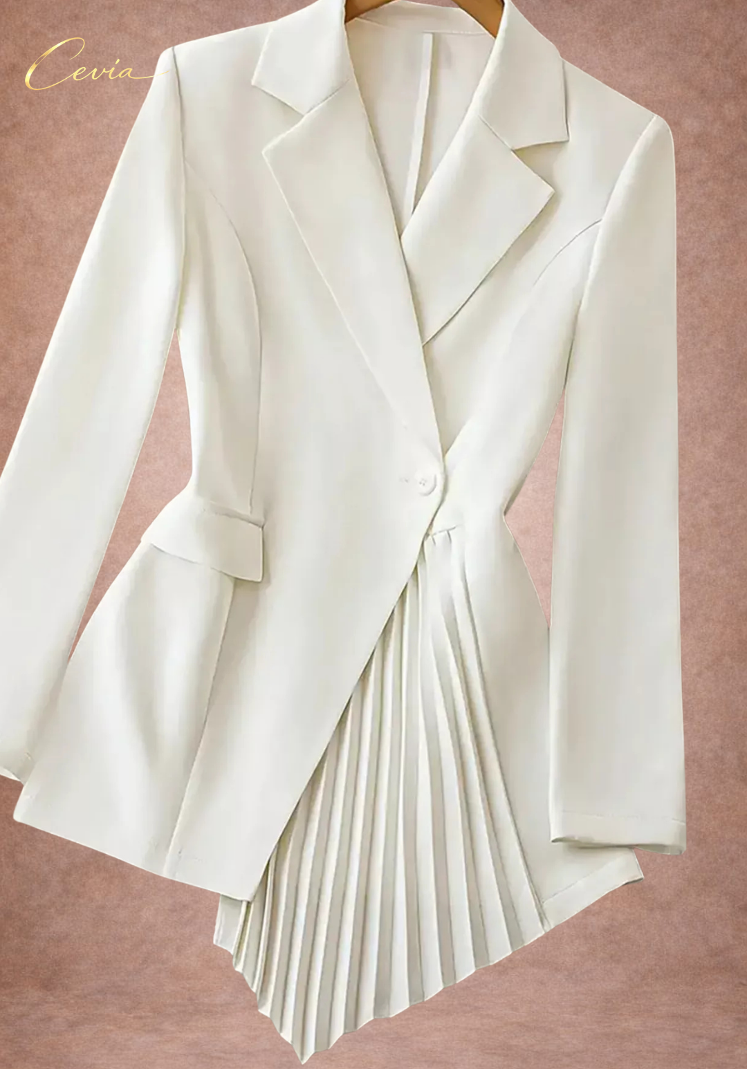 The Elanora Pleated-Asymmetry Blazer Dress — Ivory Elegance