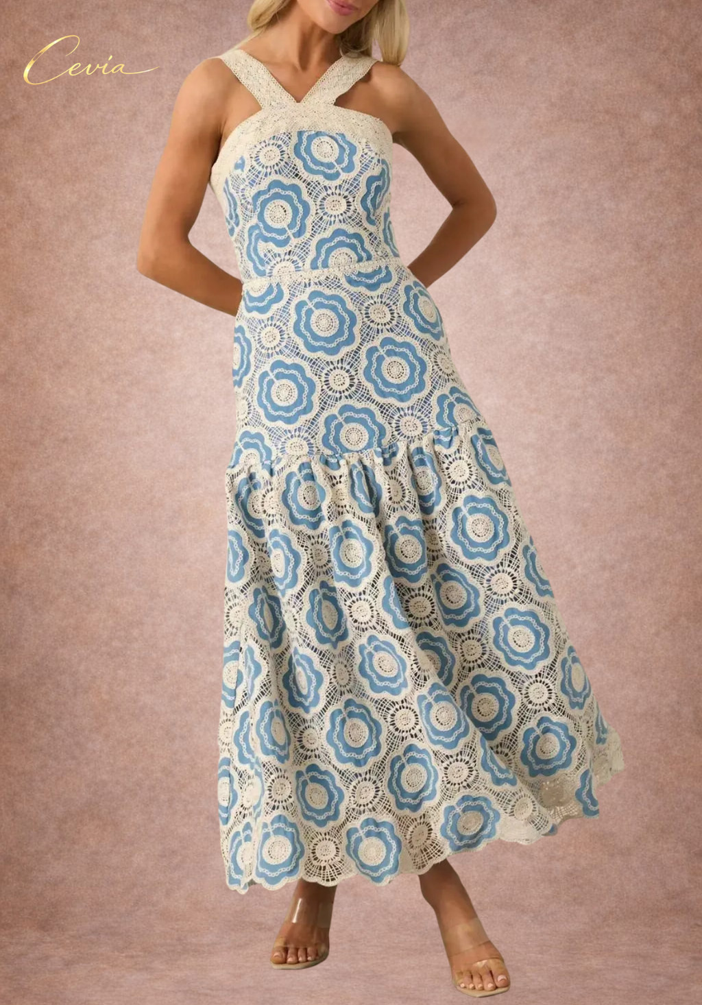 The Elowyn Lace-Bouquet Halter Maxi Dress